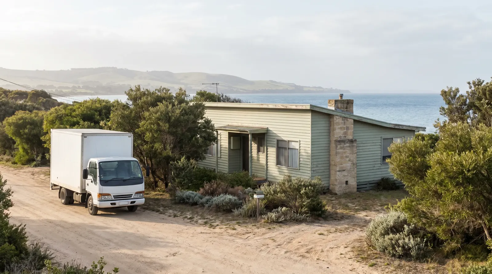 A removal truck on a quiet Mornington Peninsula coastal street, a holiday house among coastal tea-tree with the bay beyond